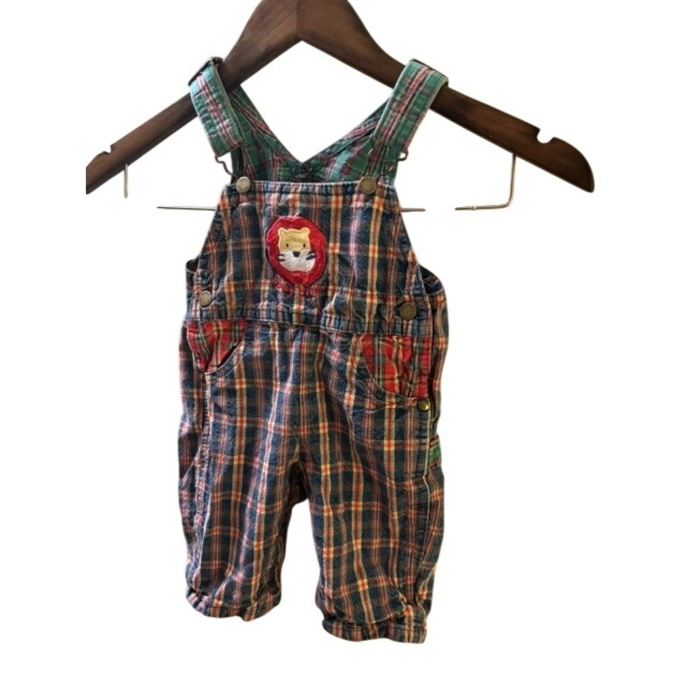Vintage Baby B'gosh Vestbak Plaid Lion Overalls 3-6M Multicolor Check Bibs